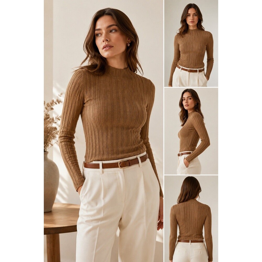 Madewell Ribbed Alpaca Blend Mock Neck Sweater Camel Brown Stretch Size S - Picture 6 of 11